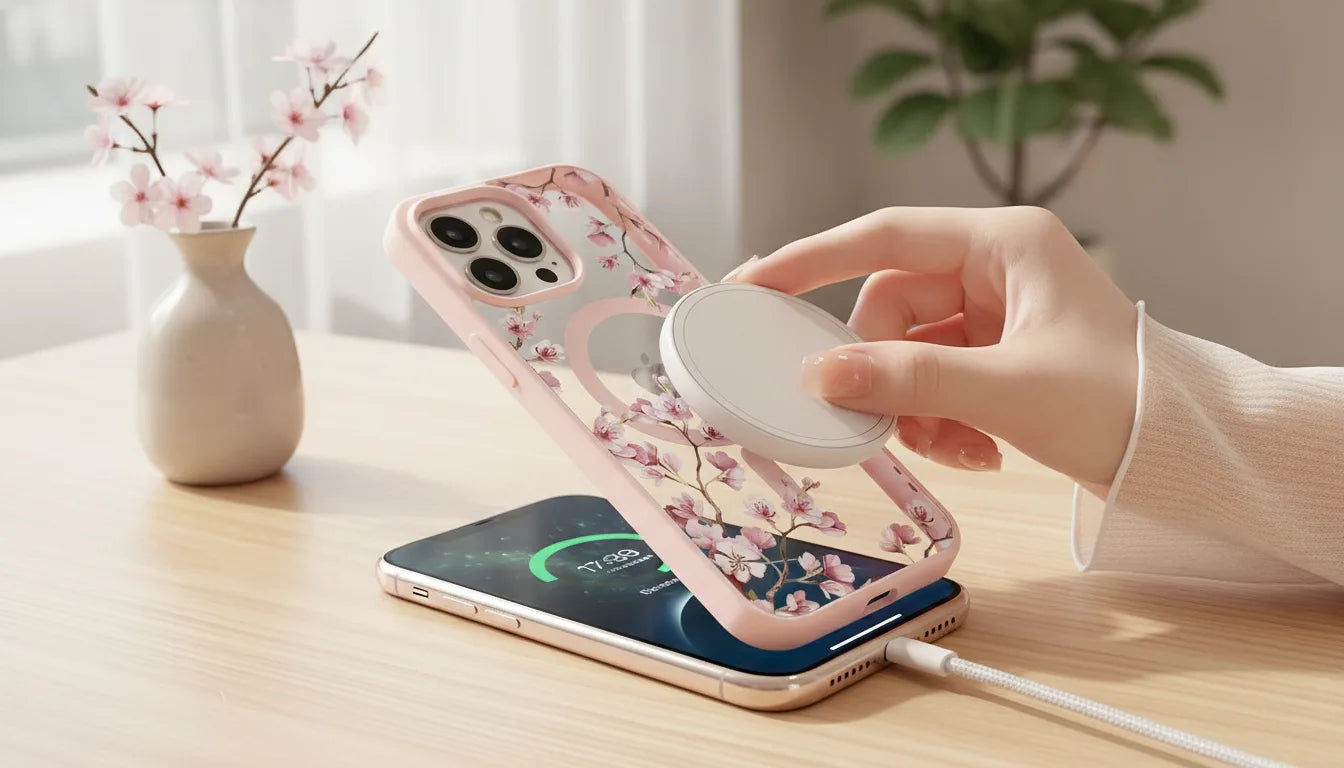 Coque iPhone Magnétique Florale Rose